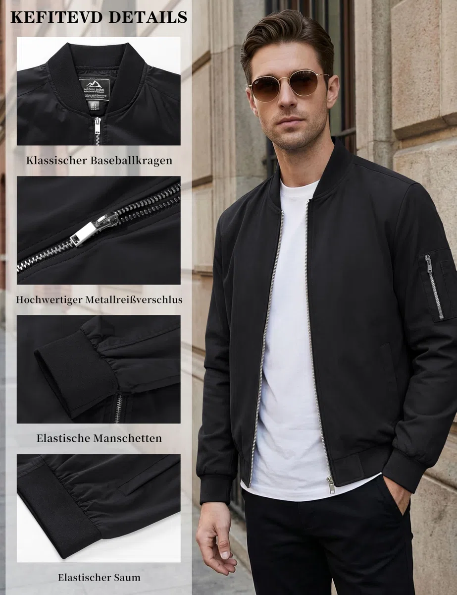 KEFITEVD Herren Leichte Dünne Bomberjacke mit Ärmeltasche Blouson Jacke Übergangsjacke Stehkragen US Fliegerjacke mit Innentasche