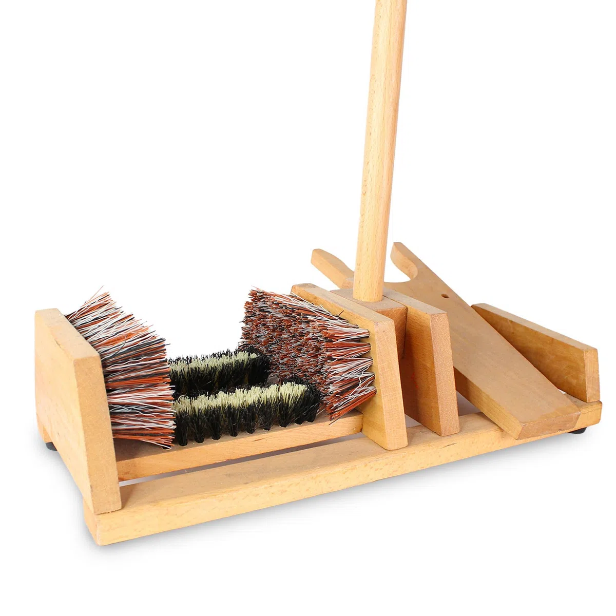 Stiefelknecht / 4 Bürsten - Stiefelzieher mit langem Holzgriff zum Aufstützen - Bürste, Abkratzer, Schuhreiniger - Praktisch, um Stiefel leicht auszuziehen - 90 CM - Holz