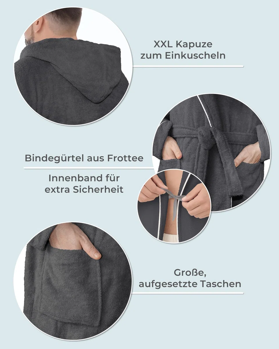 LAYNENBURG Bademantel Herren Frottee - Kapuze - Lang - 100% Baumwolle (360g/m2) - OEKO TEX Standard 100 - Größe M, L, XL, XXL, 3XL