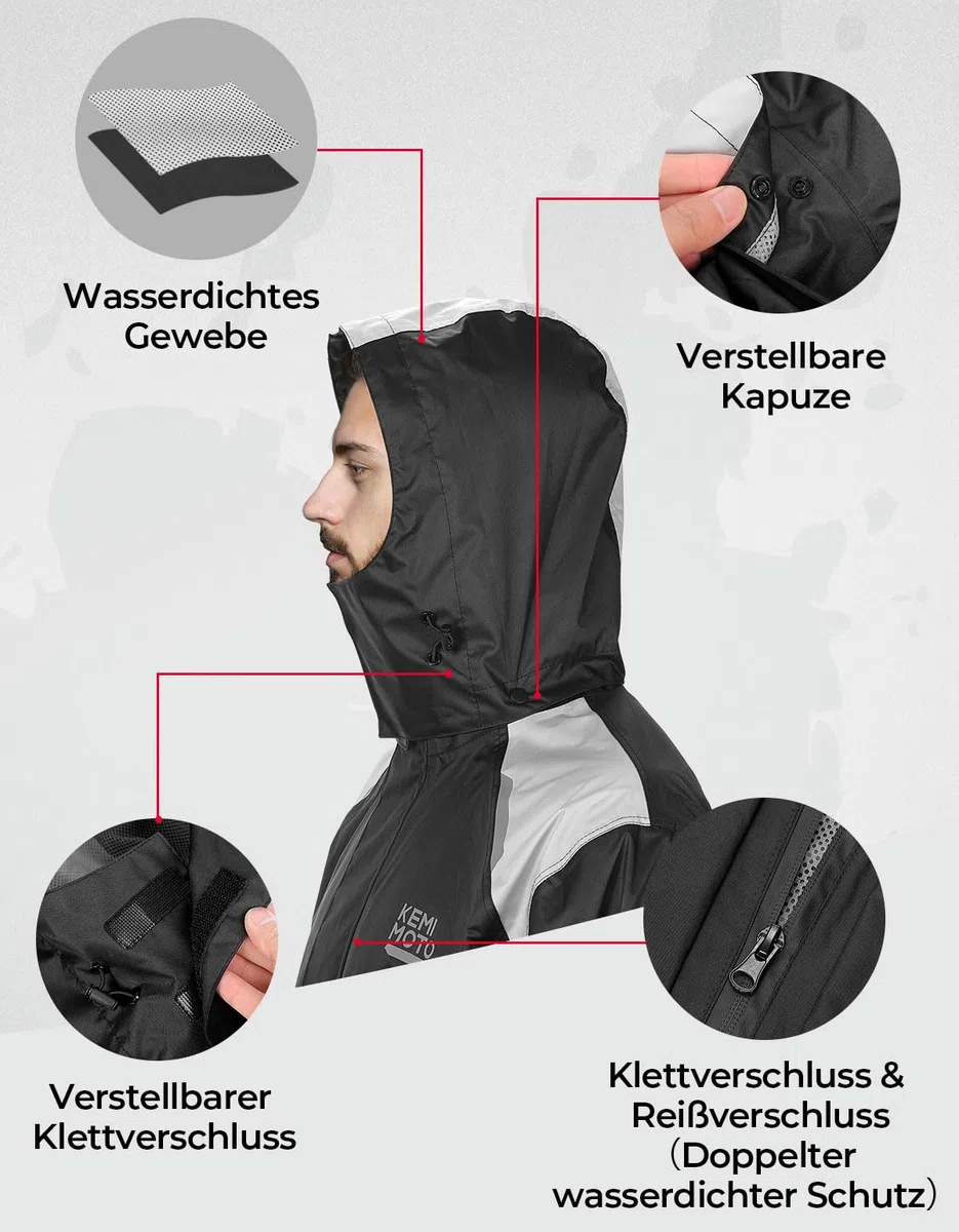 KEMIMOTO Motorrad Regenanzug Herren, 15000MMH₂O Wasserdichter Winddicht Regenmantel, Reflektierender Atmungsaktiv Fahrrad Regenbekleidung, Teilig Regenjacke für Roller Angeln Boot