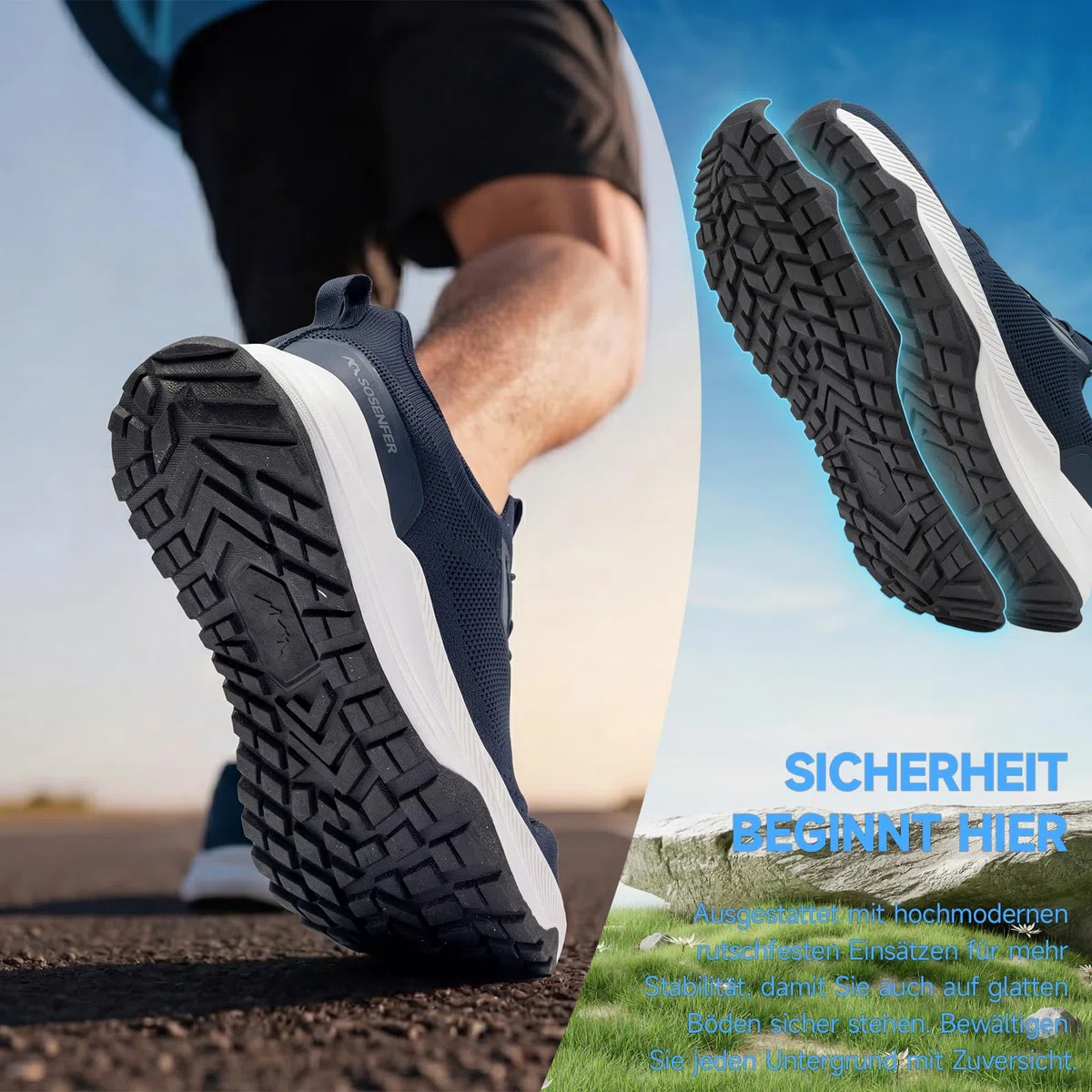 Sosenfer Slip on Herren Sneakers für Breite Füße, Hände-freie Atmungsaktive Wanderschuhe, rutschfeste Outdoor Sportschuhe für Männer