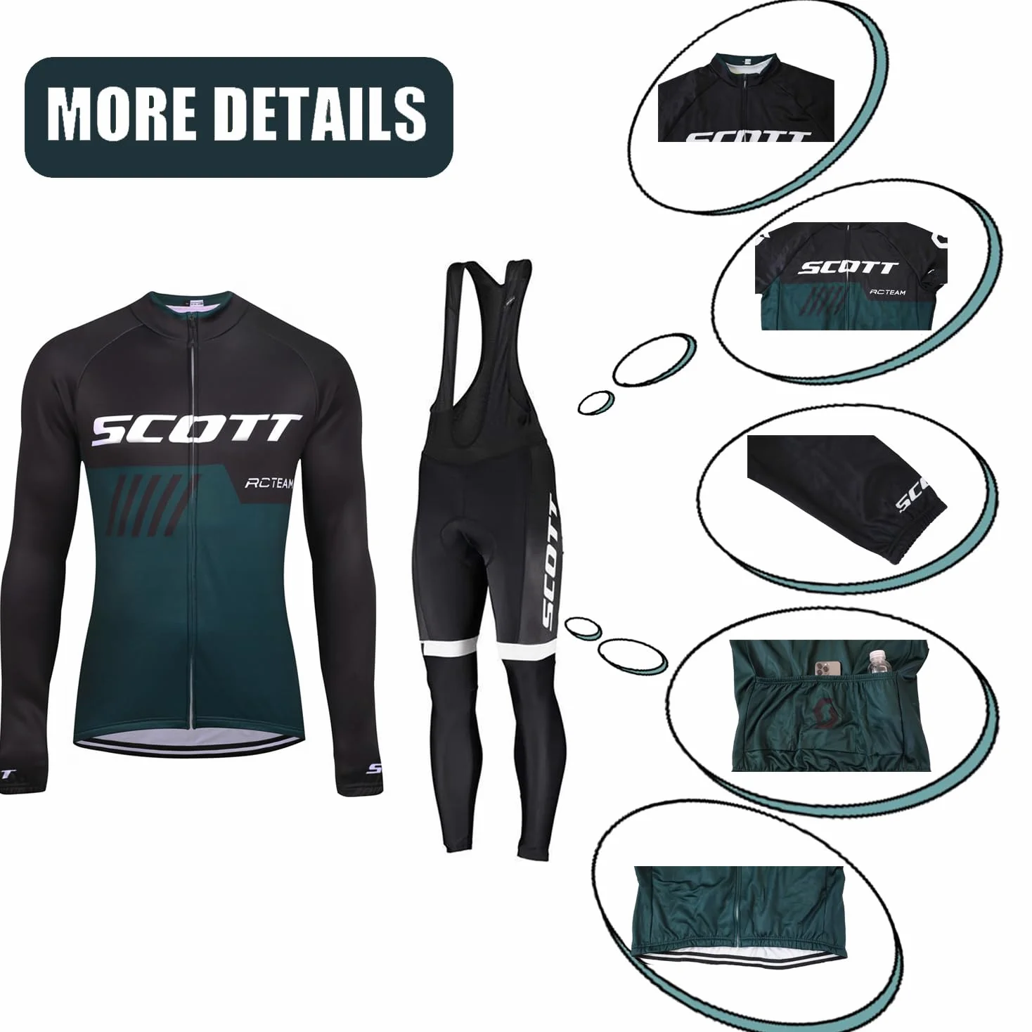 Langarm Radsportanzüge Herren Radtrikot Set, Thermo Vlies Winddicht Fahrradtrikot Set, Sport & Freizeit MTB Radtrikot für Herbst/Winter