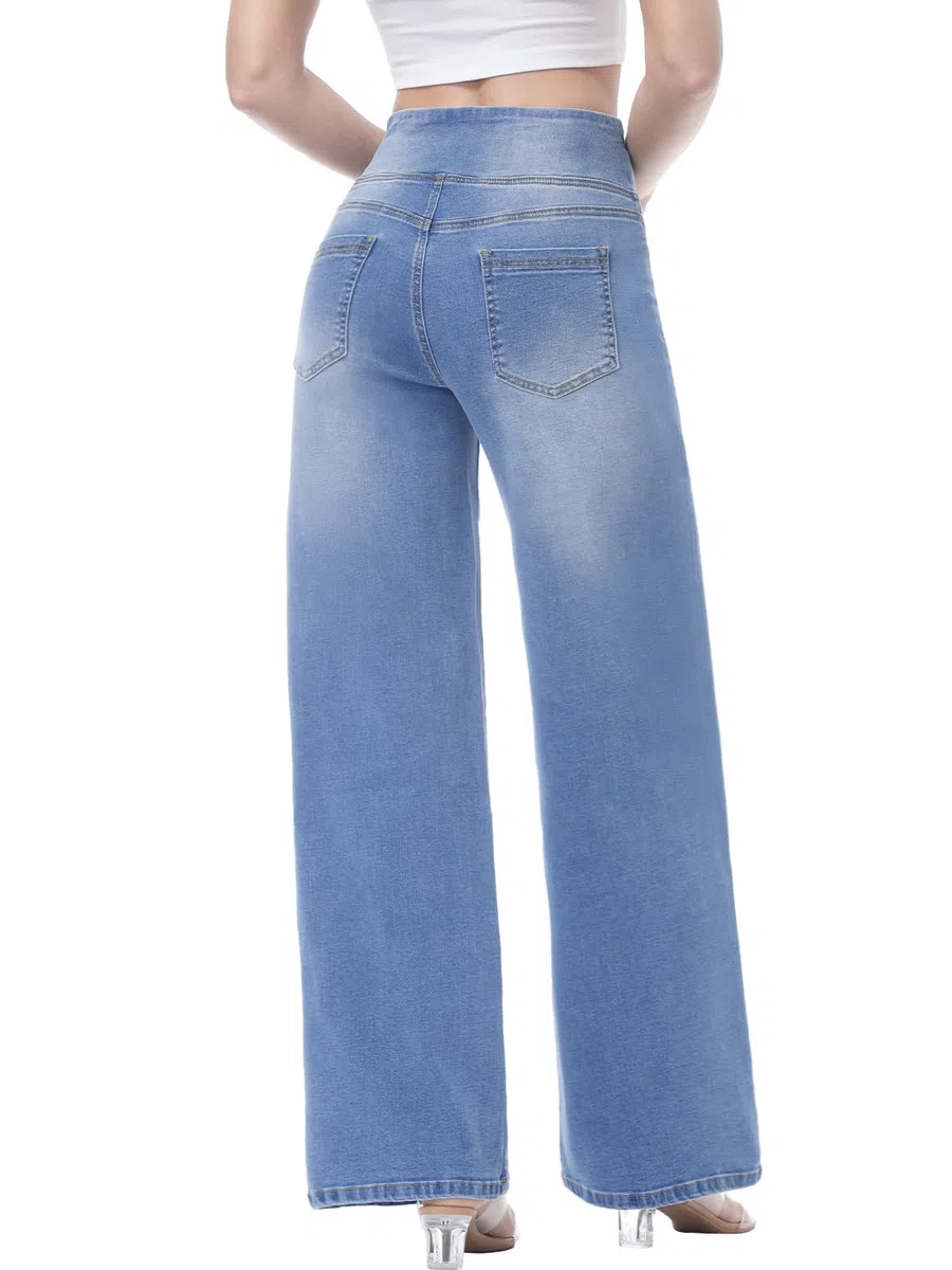 Baggy Jeans Damen,Pull On Wide Leg Jeans Mit Gummibund High Waist Stretch,Weites Bein Jeans Damen Mit 4 Taschen