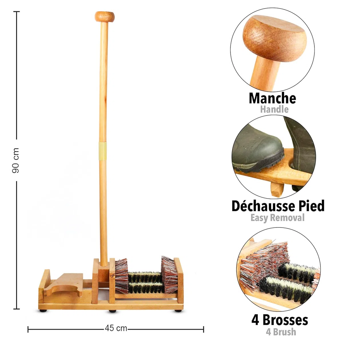 Stiefelknecht / 4 Bürsten - Stiefelzieher mit langem Holzgriff zum Aufstützen - Bürste, Abkratzer, Schuhreiniger - Praktisch, um Stiefel leicht auszuziehen - 90 CM - Holz