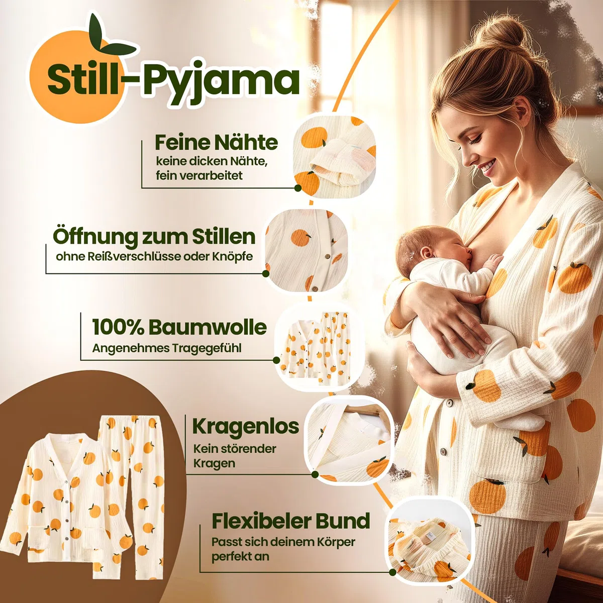 NuNi Stillschlafanzug aus 100% Baumwolle - Still-Pyjama, Umstandskleidung, Stillkleidung (DE/NL/SE/PL, Alphanumerisch, XL, Regular, Regular)