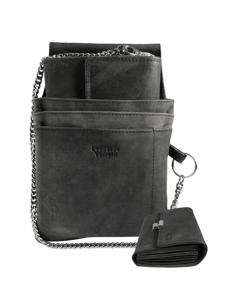 Kellner Geldbörse, aus Leder, Kellnerbörse, Geldbeutel, Taxi, Damen Herren Portemonnaie mit oder ohne Holster, Steck-Tasche, mit Kette und großem Münzfach in schwarz (Schwarz)