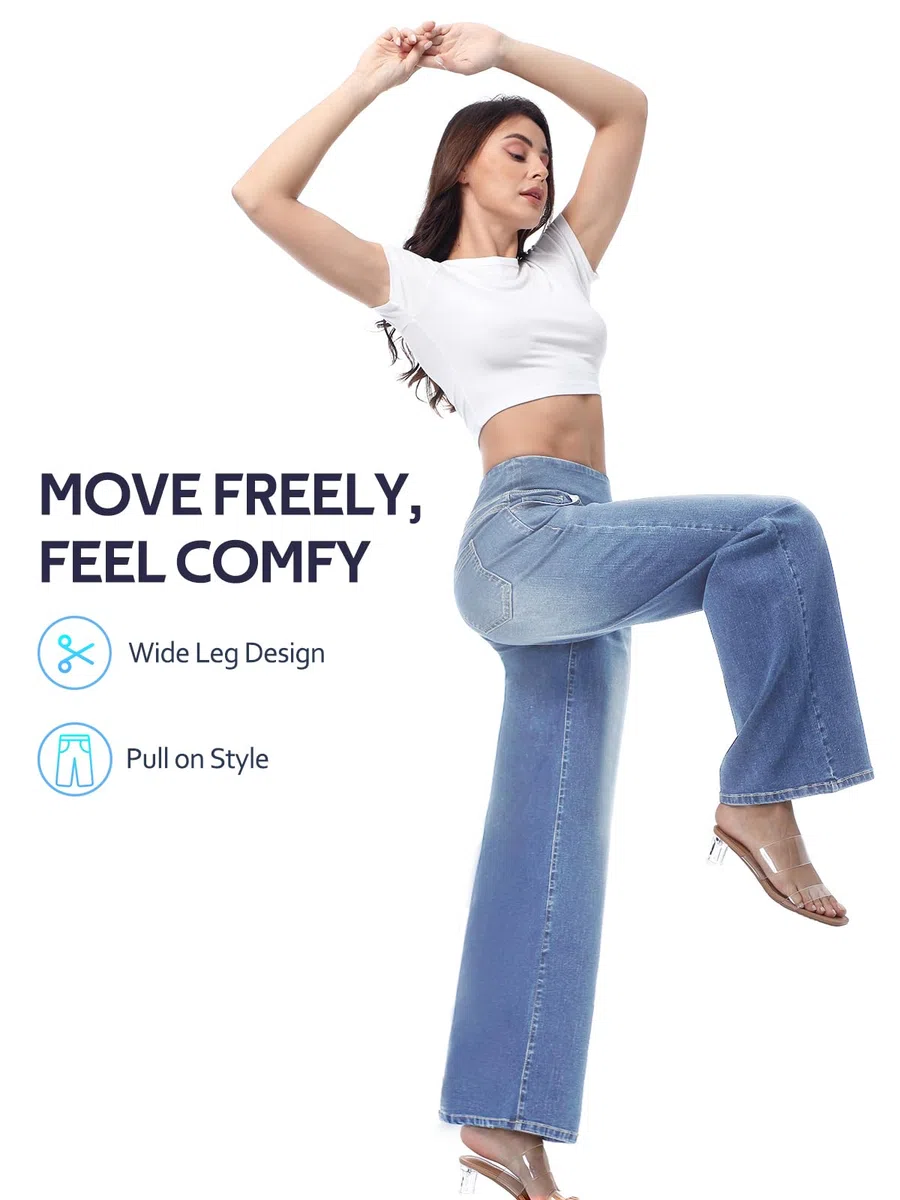 Baggy Jeans Damen,Pull On Wide Leg Jeans Mit Gummibund High Waist Stretch,Weites Bein Jeans Damen Mit 4 Taschen