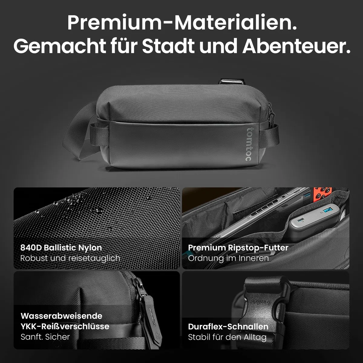 tomtoc Premium Sling Bag Herren 3L EDC Umhängetasche, leichte robuste Schultertasche für iPad mini 7 & Switch 2, ideal für Reise und Alltag, Schwarz