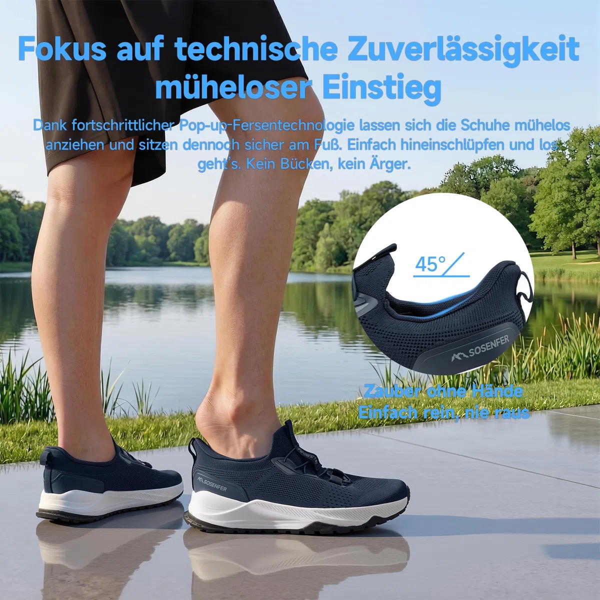 Sosenfer Slip on Herren Sneakers für Breite Füße, Hände-freie Atmungsaktive Wanderschuhe, rutschfeste Outdoor Sportschuhe für Männer