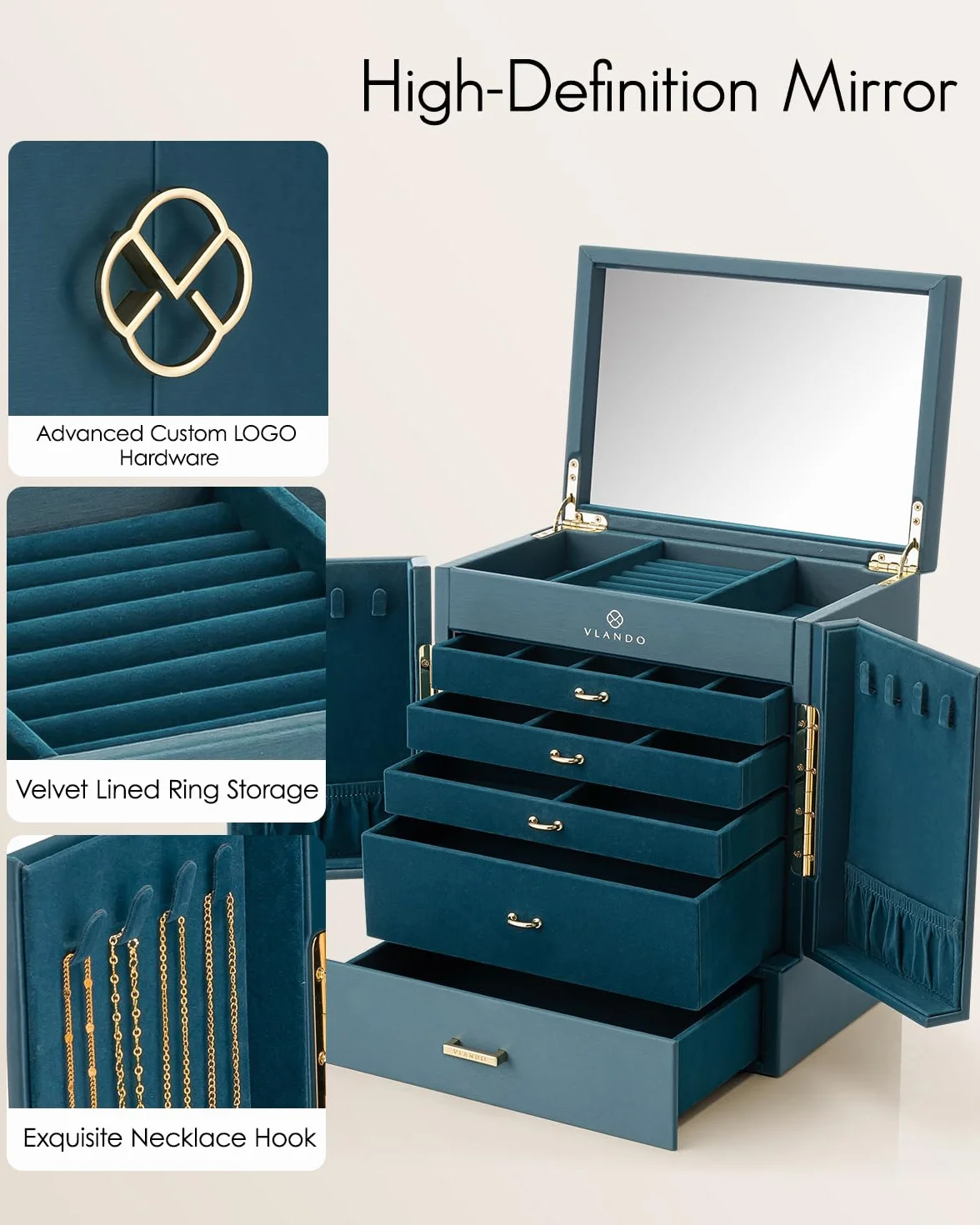 VLANDO Schmuckkasten Groß, Vintage Schmuckkästchen 6 Ebenen, Schmuck Organizers Groß XXL mit Spiegel, Schubladen, Schmuckaufbewahrung Damen, Schmuckschatulle für Ohrring, Ketten, Uhren
