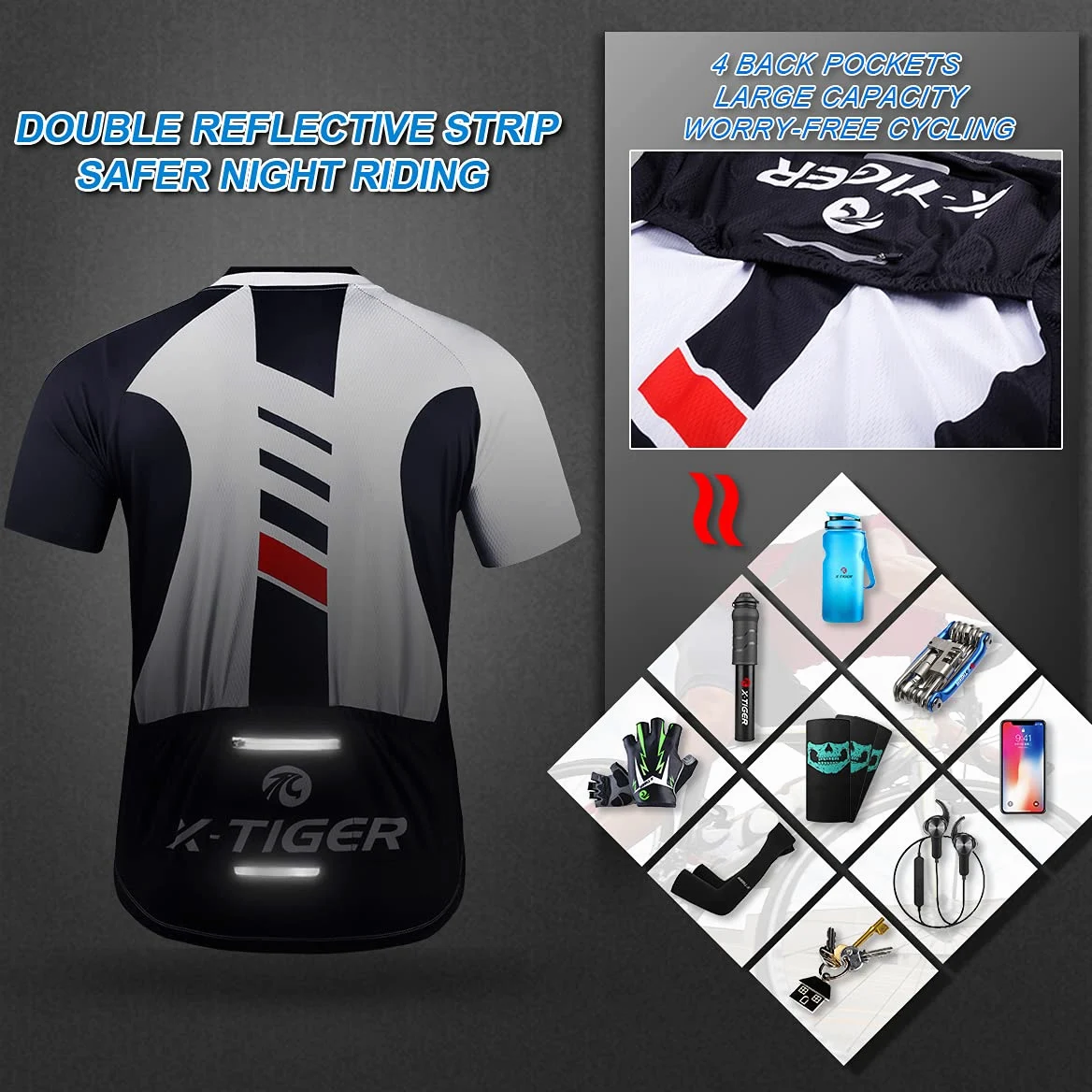 X-TIGER Herren Fahrradtrikot, kurzärmliges Set mit 5D-Gel-gepolsterten Shorts, Fahrradbekleidung Set für Mountainbikes
