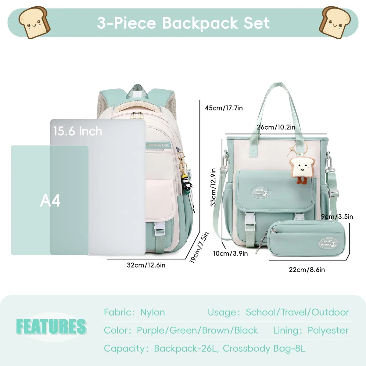 Tanou Schulrucksack Mädchen Rucksack für Teenager, Schultaschen-Set mit Studenten Umhängetasche und Federmäppchen, Kinder Schulranzen Casual Daypack School Bag for Girls