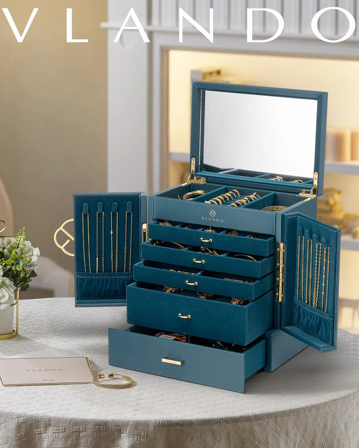 VLANDO Schmuckkasten Groß, Vintage Schmuckkästchen 6 Ebenen, Schmuck Organizers Groß XXL mit Spiegel, Schubladen, Schmuckaufbewahrung Damen, Schmuckschatulle für Ohrring, Ketten, Uhren