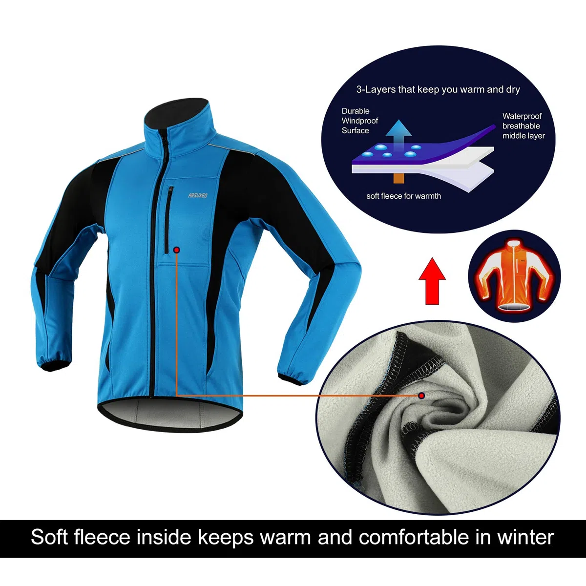 ARSUXEO Herren Radjacke wasserdicht winddicht Winter Thermal Atmungsaktiv Fahrradbekleidung 15K