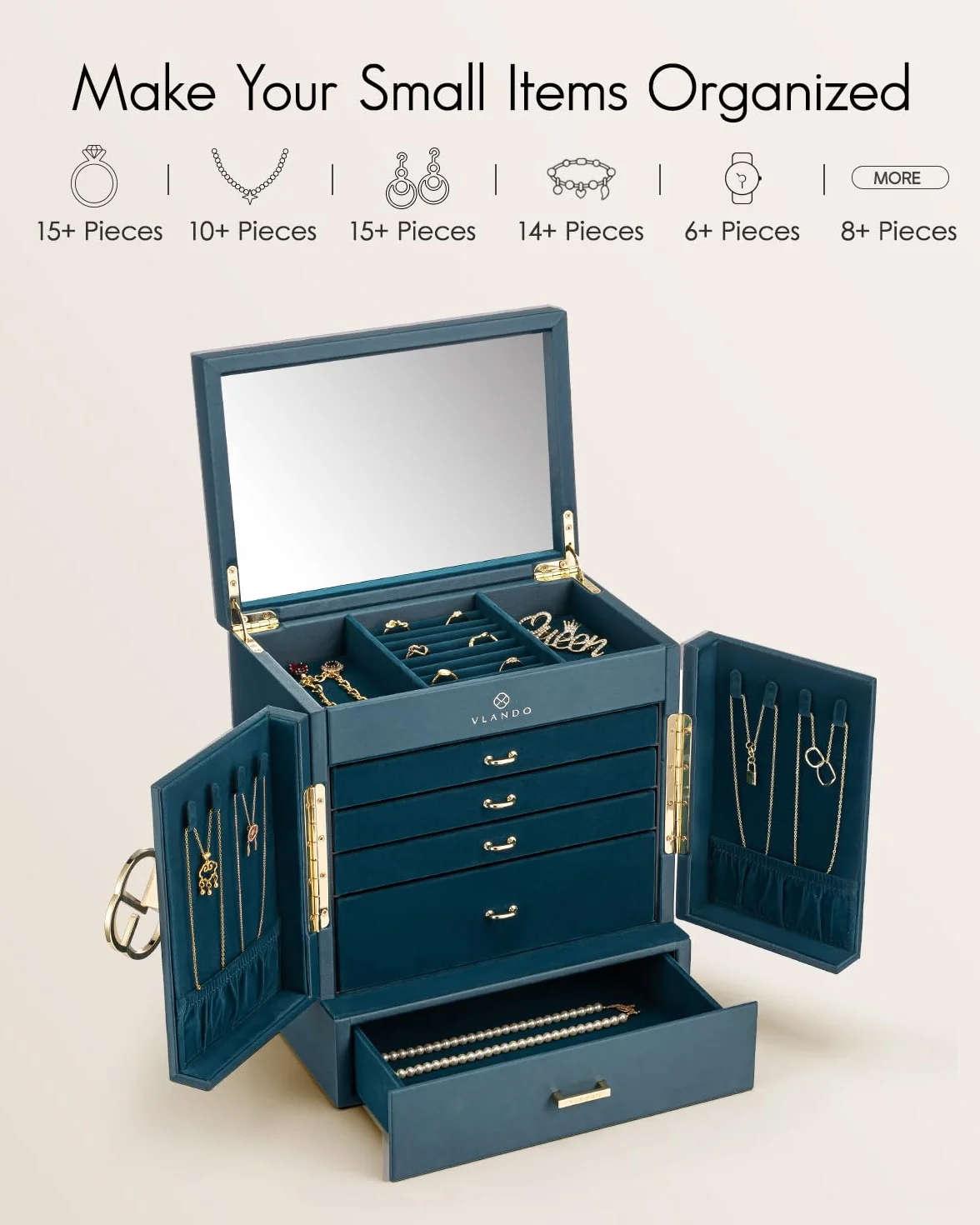 VLANDO Schmuckkasten Groß, Vintage Schmuckkästchen 6 Ebenen, Schmuck Organizers Groß XXL mit Spiegel, Schubladen, Schmuckaufbewahrung Damen, Schmuckschatulle für Ohrring, Ketten, Uhren