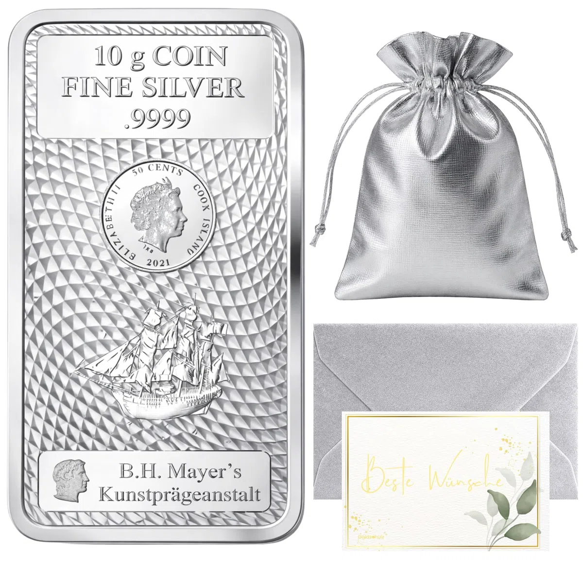 Goldschulz Cook Islands Silber Münzbarren Silberbarren 999,9 Feinsilber - Geschenkset + Echtheitszertifikat (10g Silber)