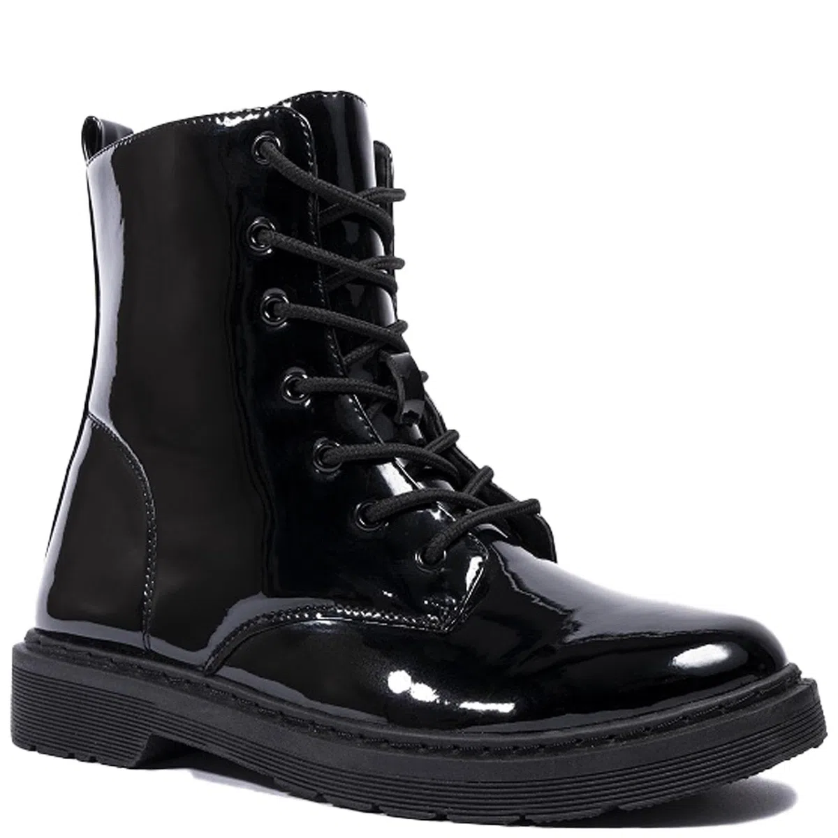 A2Z Damen Lackstiefel, Schnürstiefeletten, glänzendes PU-Leder, klobige Sohle, modisch, Militär-Stil, lässig, Outdoor, Walking, Damenstiefel, bequem, UK-Größen, Schwarz , 39 EU