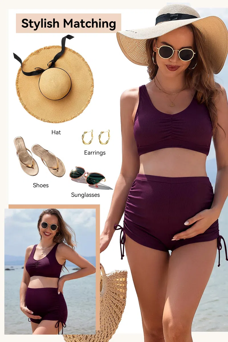 SHEKINI Damen Umstandsbademode Bikini Set Badeanzug V Ausschnitt Gepolstertes Bikinioberteil mit gerüschter Seite Kordelzug Bikinihose Boyshorts
