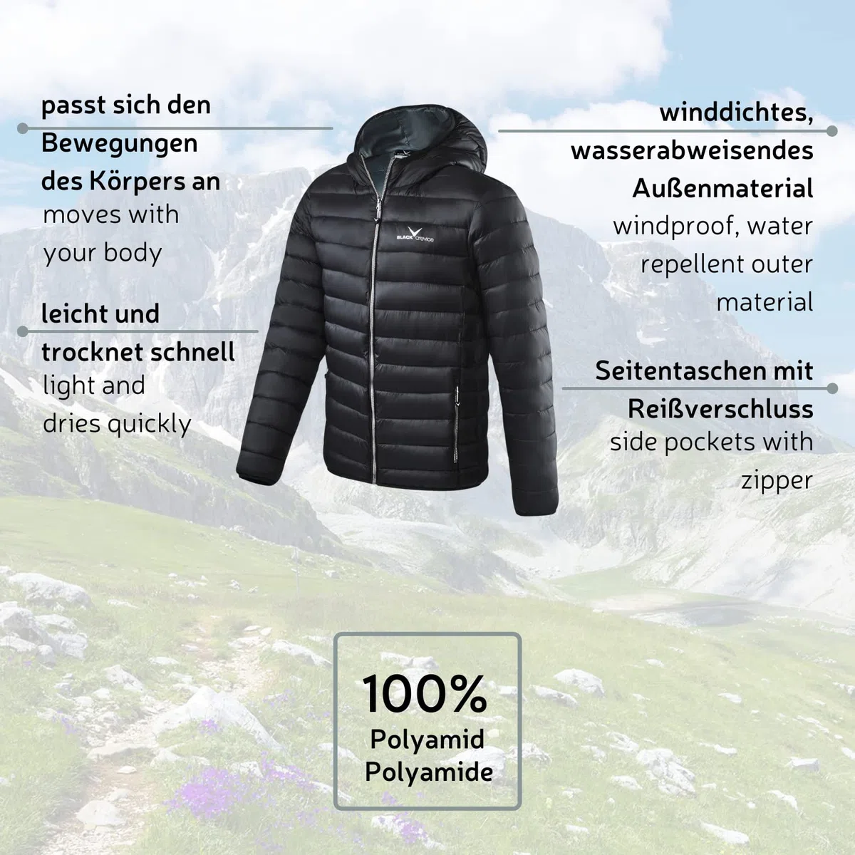 Black Crevice Herren Steppjacke I leichte Steppjacke in verschiedenen Farben & Größen I wind- & wasserabweisend Herren-Jacke I Steppjacke mit Kunstfaserfüllung I Steppjacke mit Kapuze