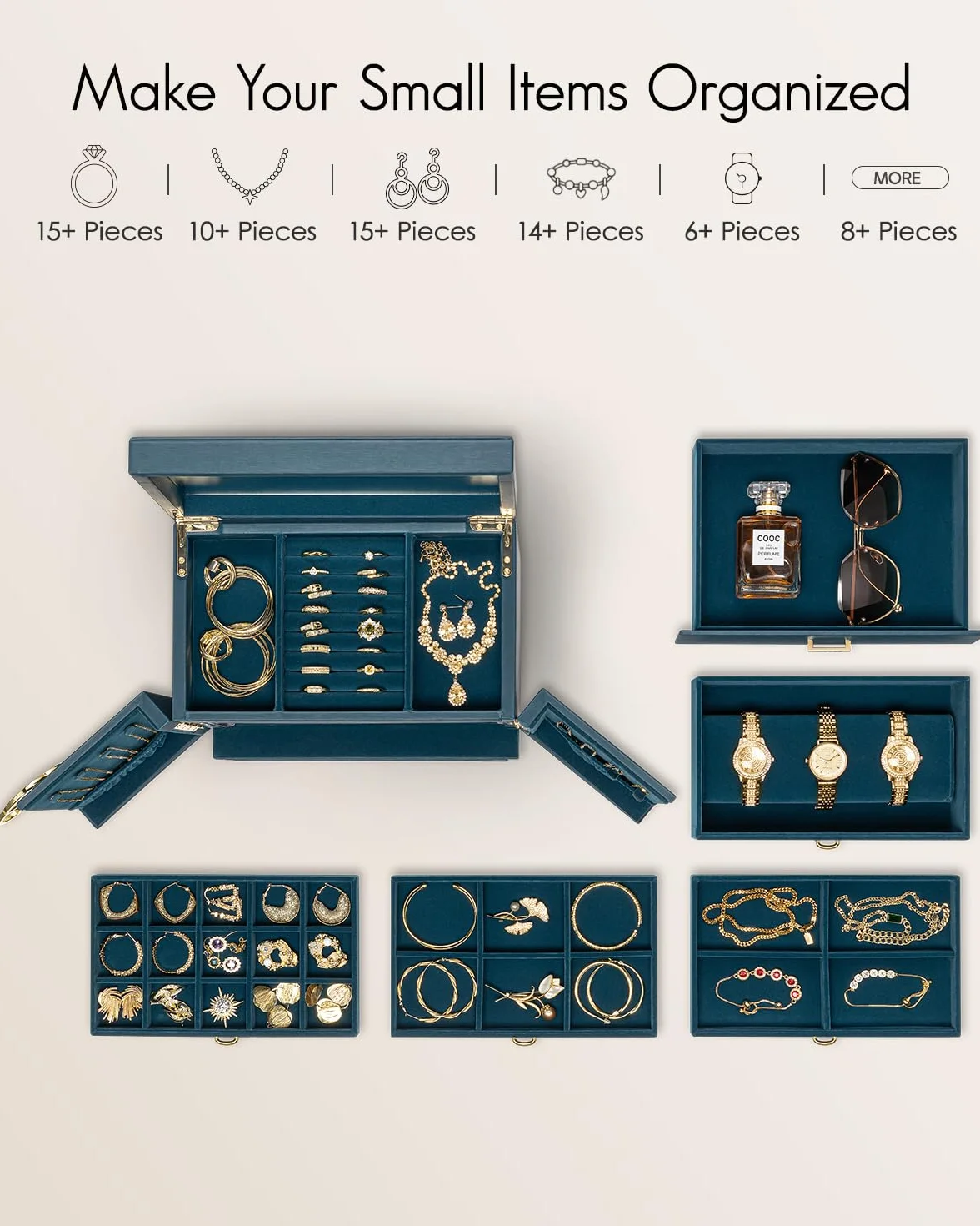 VLANDO Schmuckkasten Groß, Vintage Schmuckkästchen 6 Ebenen, Schmuck Organizers Groß XXL mit Spiegel, Schubladen, Schmuckaufbewahrung Damen, Schmuckschatulle für Ohrring, Ketten, Uhren