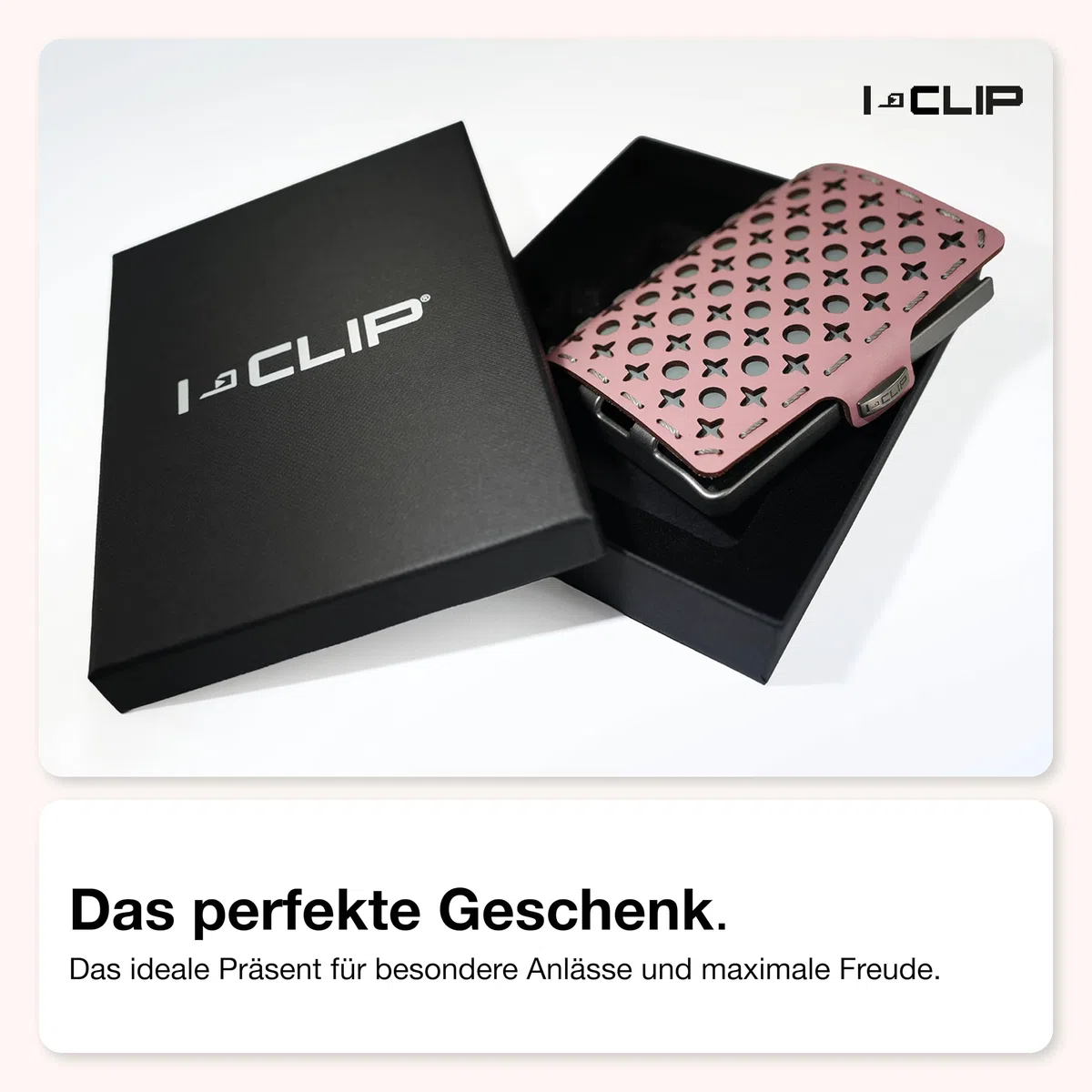 I-CLIP Original Geldbörse mit Münzfach - Damen - Leder Portemonnaie - mit Geldklammer - hochwertiger Geldbeutel - Slim Wallet - Silberner Rahmen - Rosa Leder - Bernardette