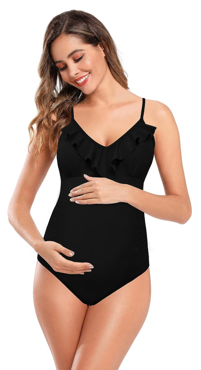 SHEKINI Maternity Einteiliger Badeanzug Damen Rüschen Bandeau Ruched Verstellbarer Bikini Grosse Grössen Umstandsbadeanzug Einteiliger Bikini Schwangerschaft