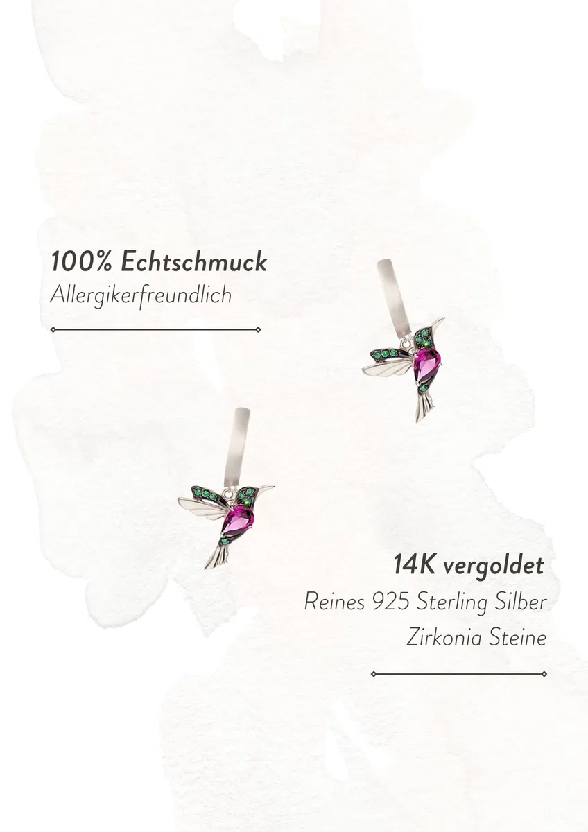 Einzelstück® Kolibri Hoops I 925 Sterling Silber Ohrringe im Vogel Design I Kreolen mit grünen und pinken Zirkonia Steinen I 14K Gold & Rosegold I Allergikerfreundlicher Echtschmuck