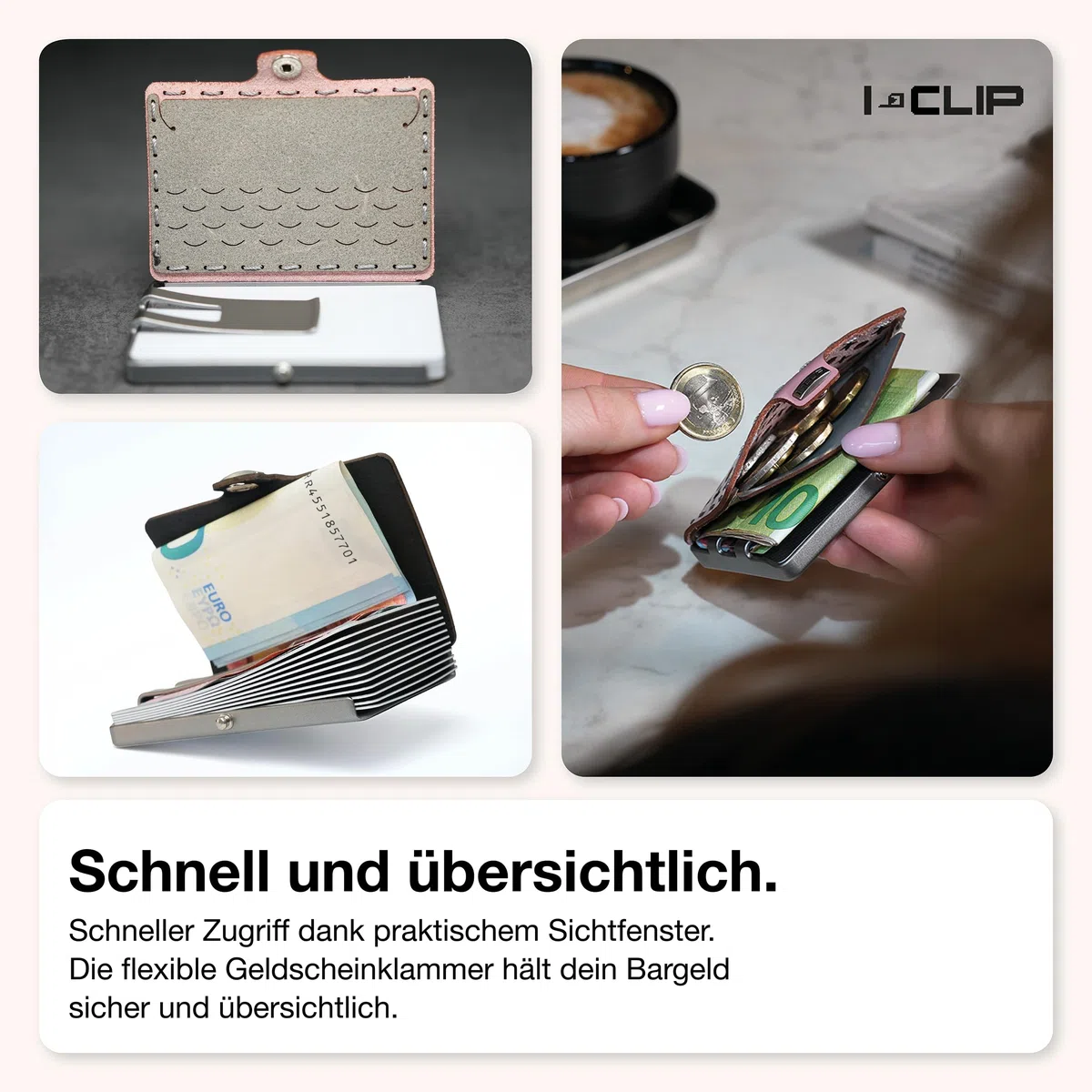 I-CLIP Original Geldbörse mit Münzfach - Damen - Leder Portemonnaie - mit Geldklammer - hochwertiger Geldbeutel - Slim Wallet - Silberner Rahmen - Rosa Leder - Bernardette