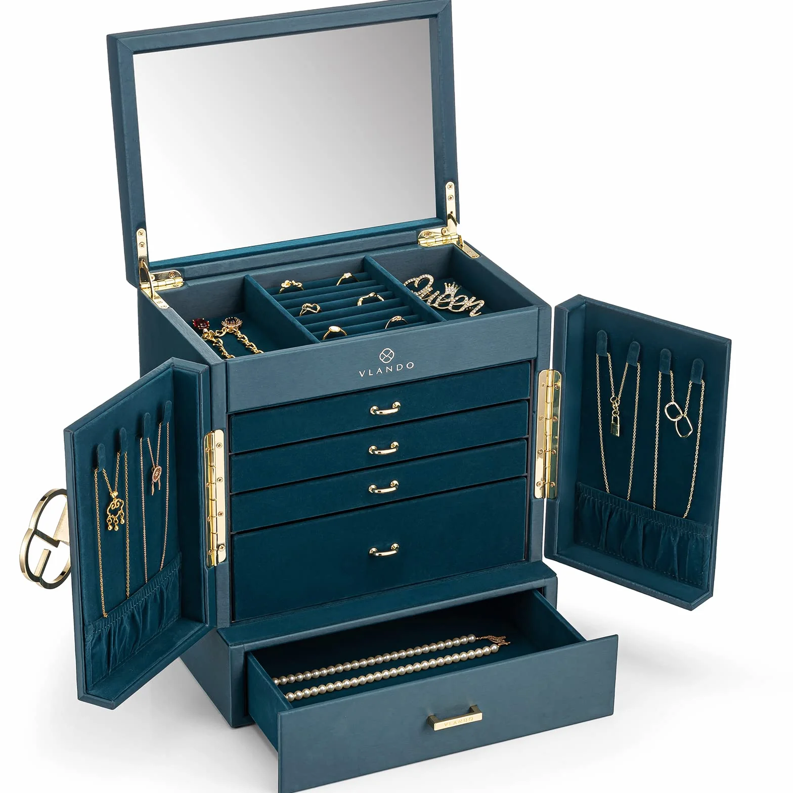 VLANDO Schmuckkasten Groß, Vintage Schmuckkästchen 6 Ebenen, Schmuck Organizers Groß XXL mit Spiegel, Schubladen, Schmuckaufbewahrung Damen, Schmuckschatulle für Ohrring, Ketten, Uhren