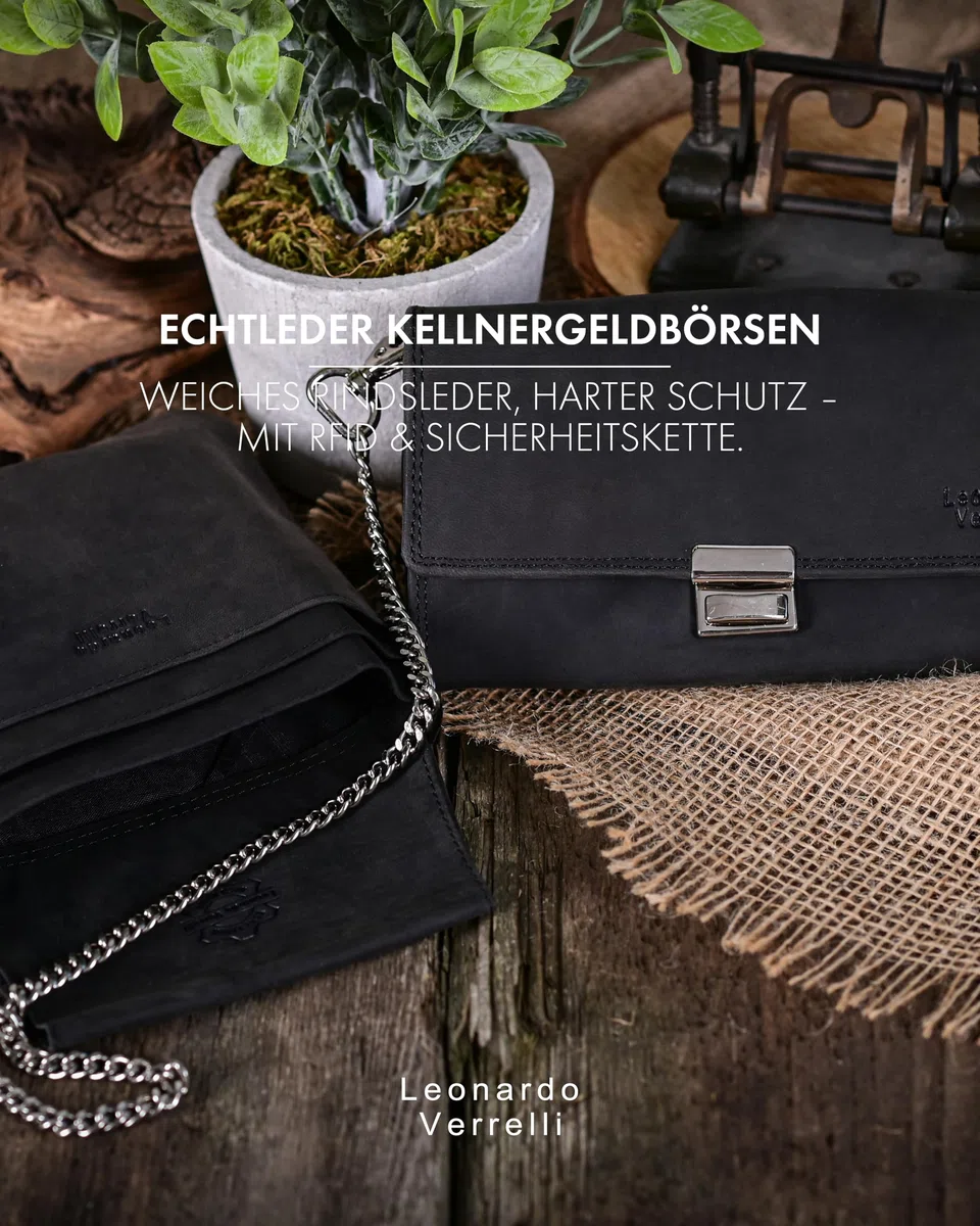 Kellner Geldbörse, aus Leder, Kellnerbörse, Geldbeutel, Taxi, Damen Herren Portemonnaie mit oder ohne Holster, Steck-Tasche, mit Kette und großem Münzfach in schwarz (Schwarz)