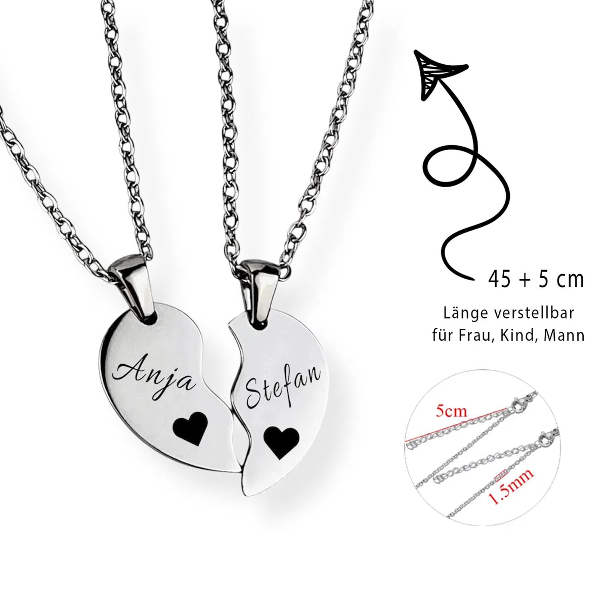 Herz Halskette für Paare mit Gravur | personalisiert mit Name, Datum, Spruch | Damen, Herren, Freundin, Verliebte | Kette verstellbar 45 cm, wasserfest mit Rückseite
