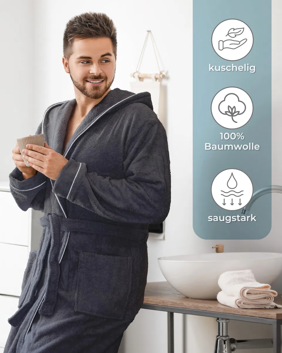 LAYNENBURG Bademantel Herren Frottee - Kapuze - Lang - 100% Baumwolle (360g/m2) - OEKO TEX Standard 100 - Größe M, L, XL, XXL, 3XL