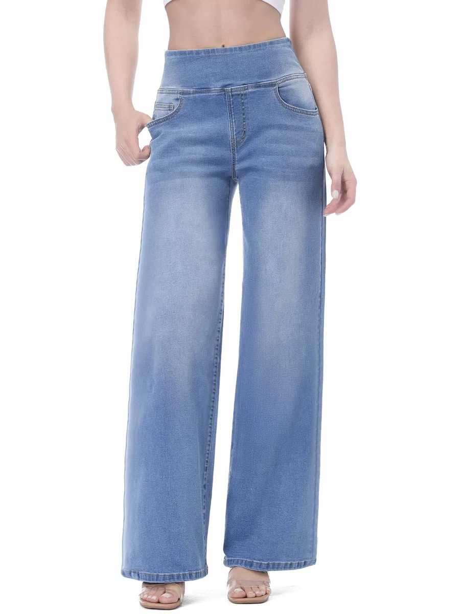Baggy Jeans Damen,Pull On Wide Leg Jeans Mit Gummibund High Waist Stretch,Weites Bein Jeans Damen Mit 4 Taschen