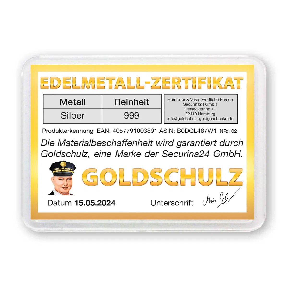 Goldschulz Silberbarren 10g 10 Gramm Motivbox - Geschenk + Echtheitszertifikat