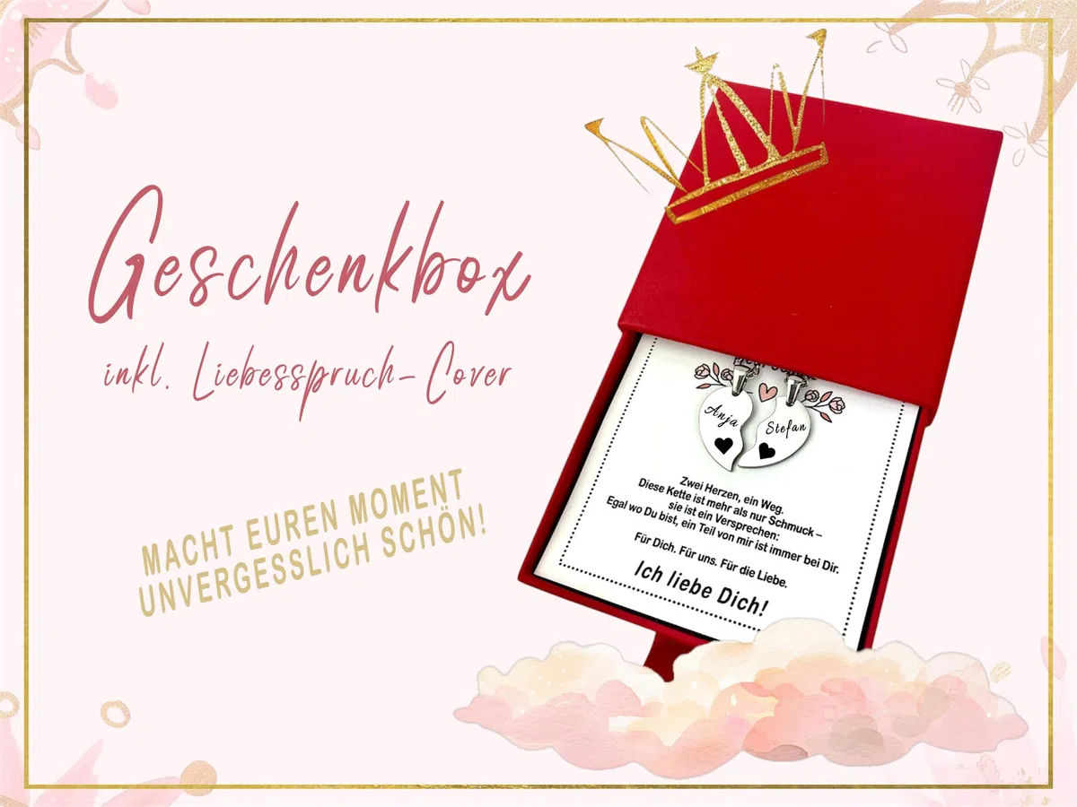 Herz Halskette für Paare mit Gravur | personalisiert mit Name, Datum, Spruch | Damen, Herren, Freundin, Verliebte | Kette verstellbar 45 cm, wasserfest mit Rückseite