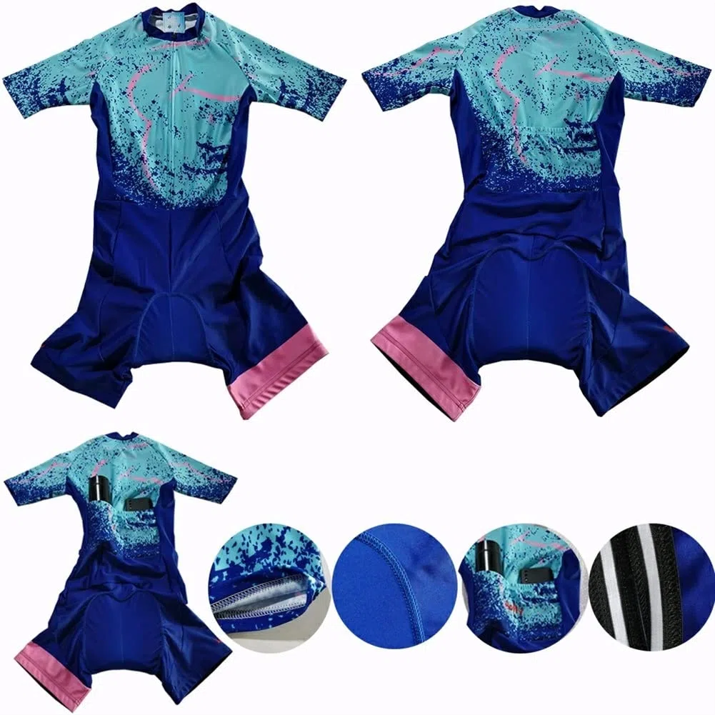 Triathlon-Anzug-Frauen-Rad-Anzug einteiliger Kurzarm mit 9D-Gel-Pad-Tasche Schnelltrocknende Sportbekleidung-Rad-Sets (Color : 04, Size : Large)
