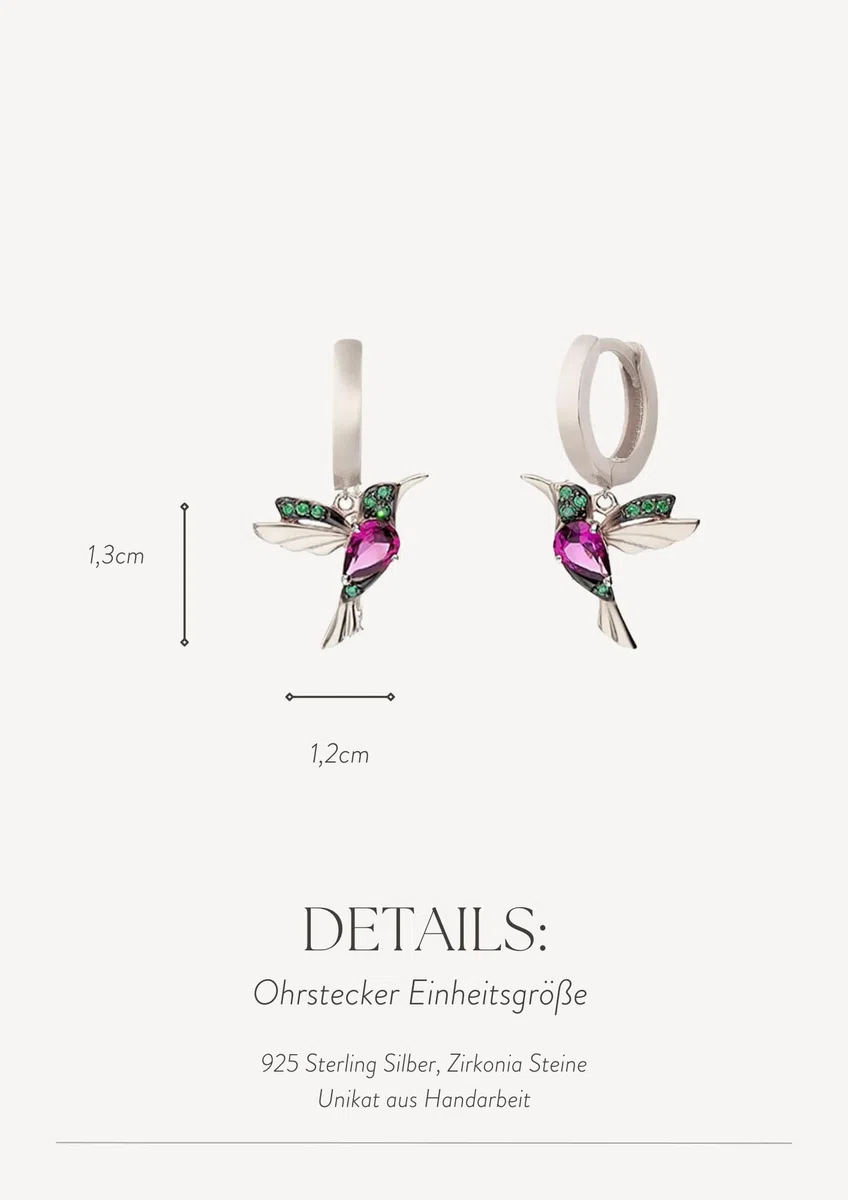 Einzelstück® Kolibri Hoops I 925 Sterling Silber Ohrringe im Vogel Design I Kreolen mit grünen und pinken Zirkonia Steinen I 14K Gold & Rosegold I Allergikerfreundlicher Echtschmuck