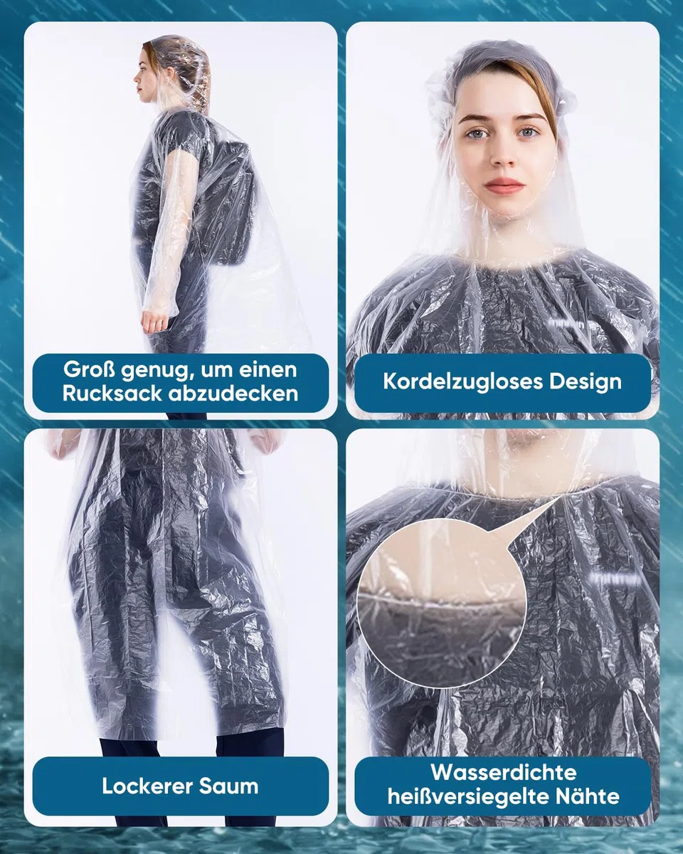 50er- und 100er-Pack Einweg-Regenponchos mit Kapuze für Erwachsene, wasserdicht Regenschutz für Damen und Herren