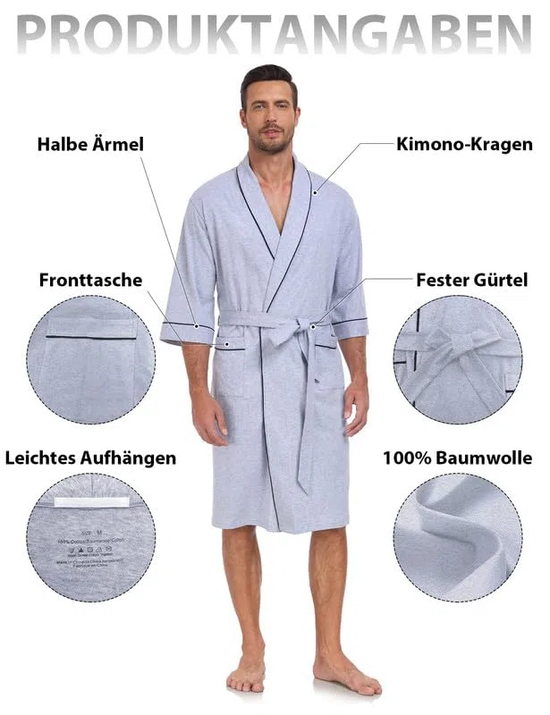 COLORFULLEAF Leicht Bademantel Herren aus 100% Baumwolle Sauna Morgenmantel Männern Reisebademantel Saunamantel mit Tasche