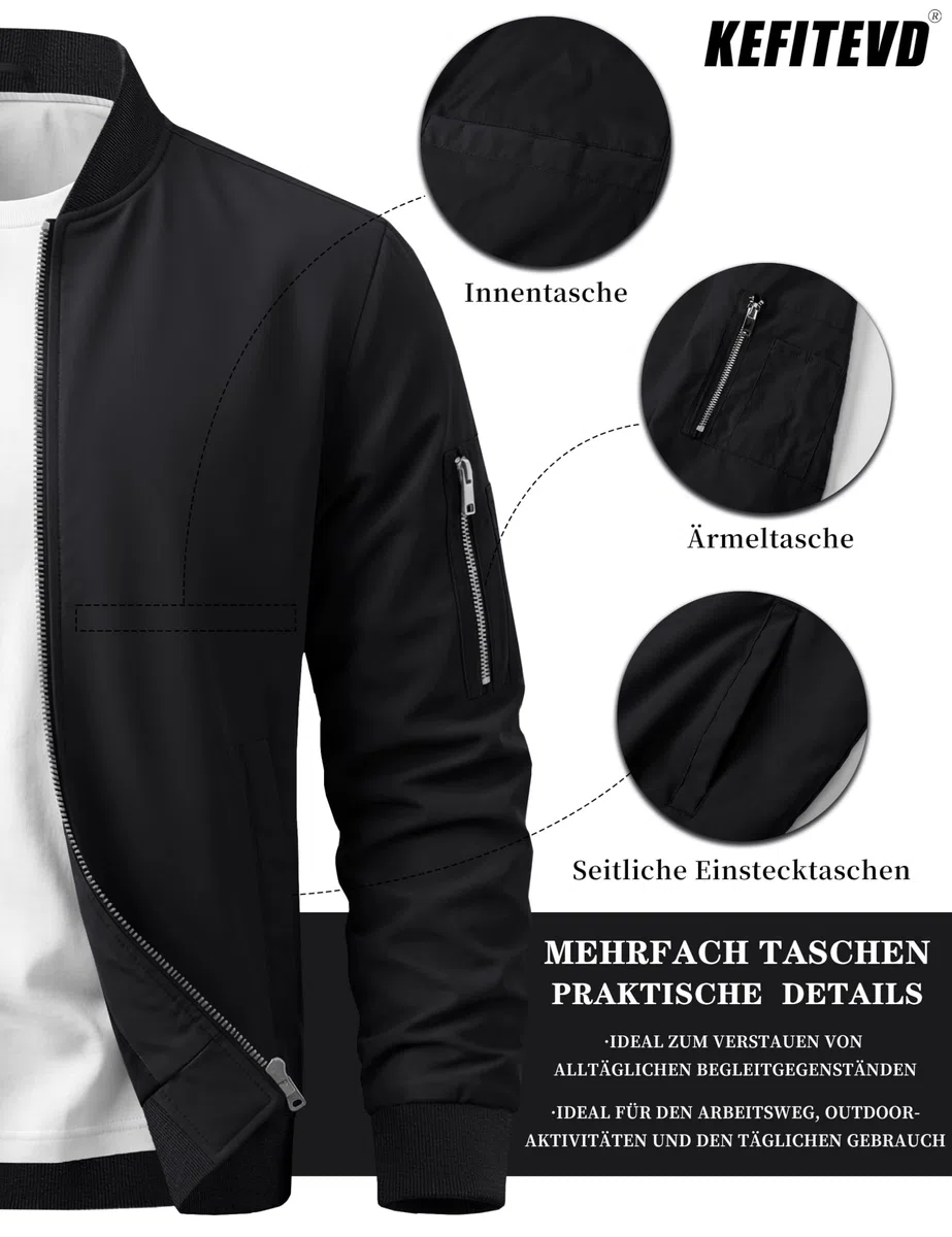 KEFITEVD Herren Leichte Dünne Bomberjacke mit Ärmeltasche Blouson Jacke Übergangsjacke Stehkragen US Fliegerjacke mit Innentasche