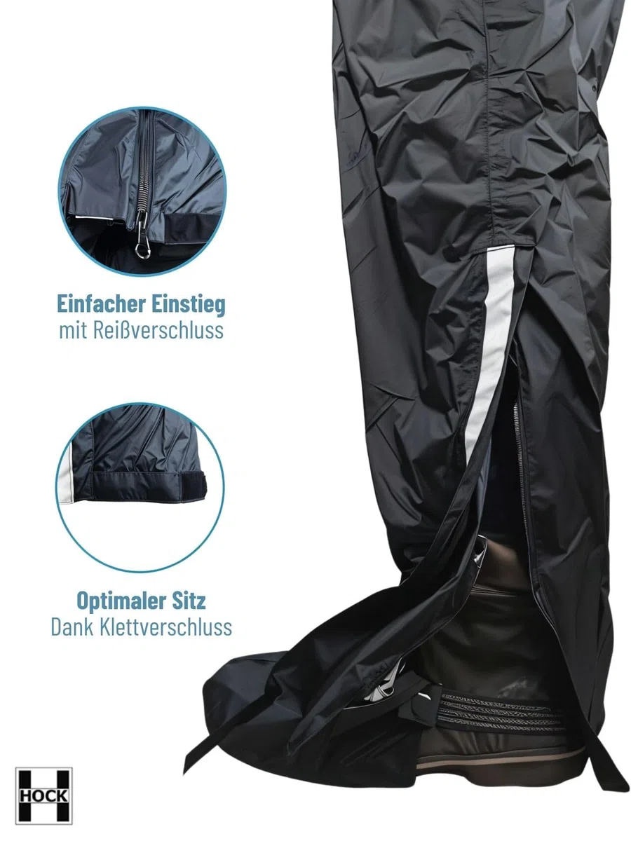 HOCK Unisex Regenhose Fahrrad inkl. ausfaltbarem Schuhschutz - Hochwertige Regenbekleidung mit Reflektor-Streifen - 100% wasserdichte Hose für Herren und Damen