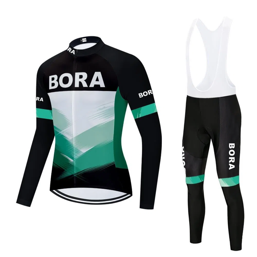 Radtrikot Set Herren Fahrradtrikot, Langarm Set mit 20D-Gel-gepolsterten Langarm Trägerhose Radhose, Atmungsaktiv Elastische Schnell Trocknend Fahrradbekleidung Set für Radfahren MTB