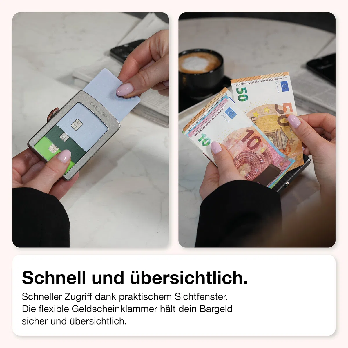 I-CLIP Original Geldbörse mit Münzfach - Damen - Leder Portemonnaie - mit Geldklammer - hochwertiger Geldbeutel - Slim Wallet - Silberner Rahmen - Rosa Leder - Bernardette