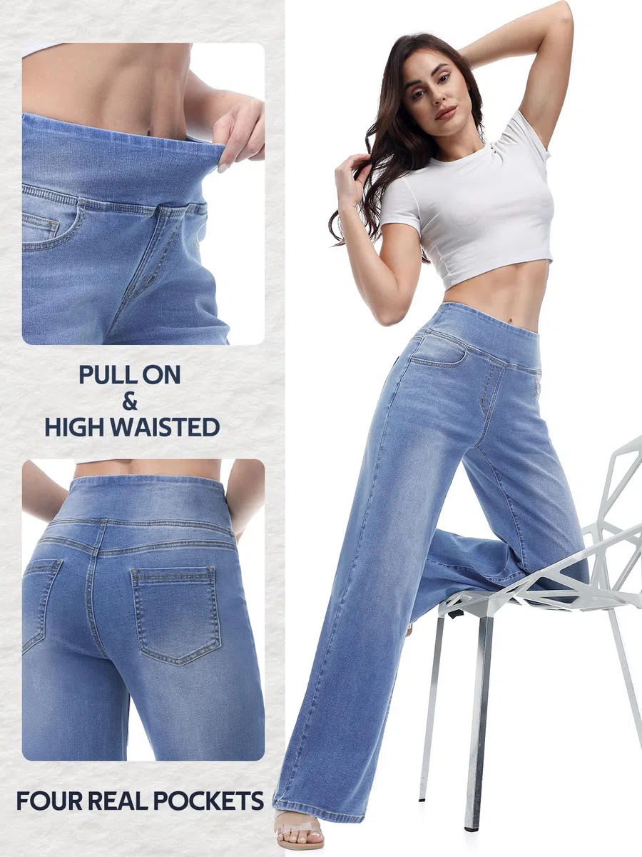Baggy Jeans Damen,Pull On Wide Leg Jeans Mit Gummibund High Waist Stretch,Weites Bein Jeans Damen Mit 4 Taschen