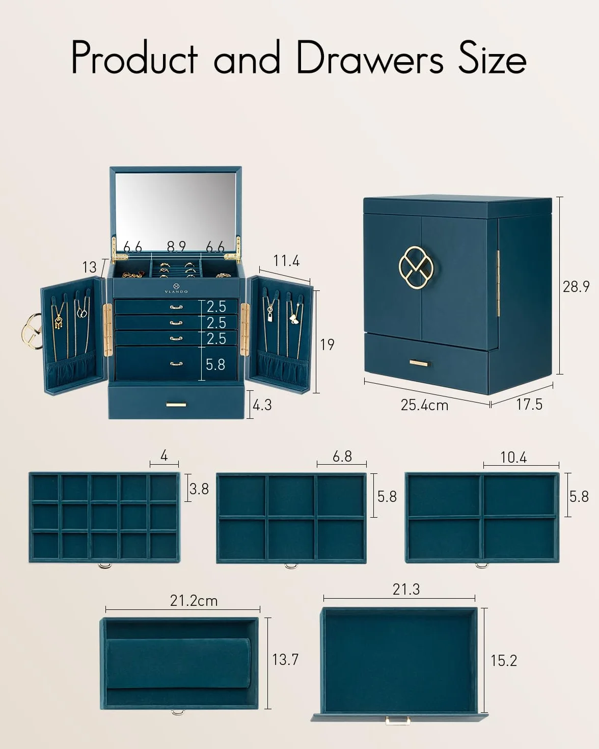 VLANDO Schmuckkasten Groß, Vintage Schmuckkästchen 6 Ebenen, Schmuck Organizers Groß XXL mit Spiegel, Schubladen, Schmuckaufbewahrung Damen, Schmuckschatulle für Ohrring, Ketten, Uhren